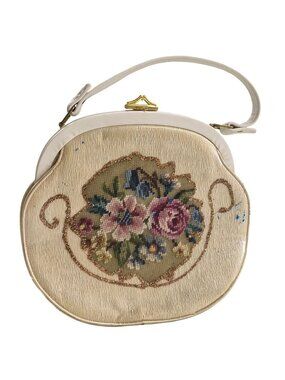 Fabrique Vinyl Coated Needlepoint Floral Top Handle Bag Cream Gold Vintage
